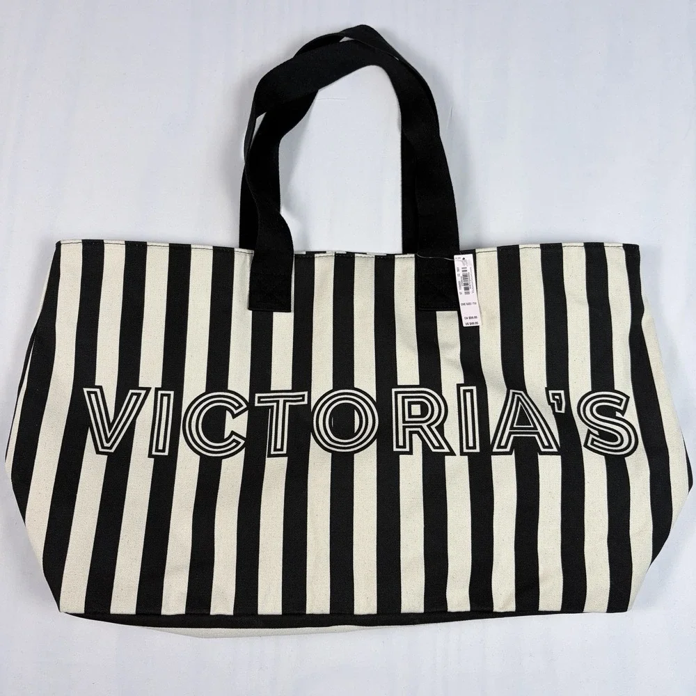 NWT VICTORIA'S SECRET BLACK IVORY STRIPE LOGO ZIPPER TOTE BAG Chic Paris ArtDeco